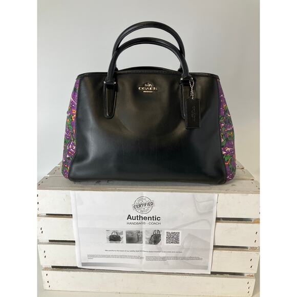 COACH F57630 BLACK SMOOTH LEATHER PURPLE FLORAL HANDBAG - Picture 1 of 16
